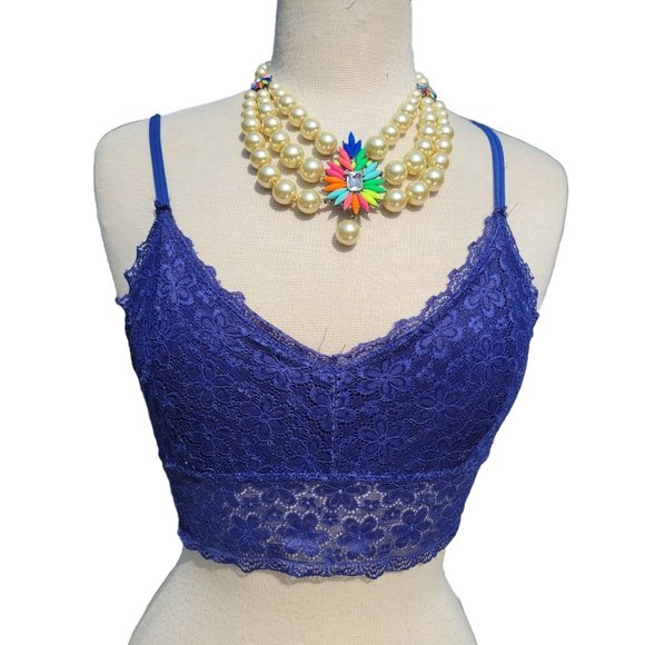 Bralette Lace Floral Spaghetti Straps V Neck Two Blue Red Womans Size Medium - Picture 1 of 13